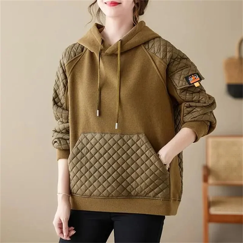 

Autumn Winter Casual Hoodie 2024 New Drawstring Hooded Women's Clothes Hoody Solid Colour Pullover Fashion Patchwork Top Female