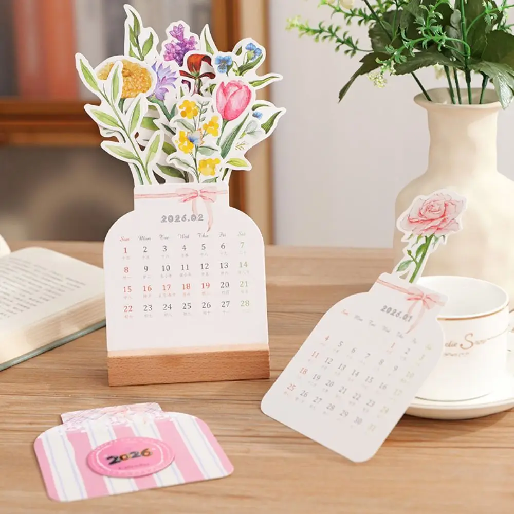 

Wooden Base Bloomy Flowers Desk Calendar Vase Shaped Detachable Base Monthly Planner Date Display Floral Theme Standing Calendar