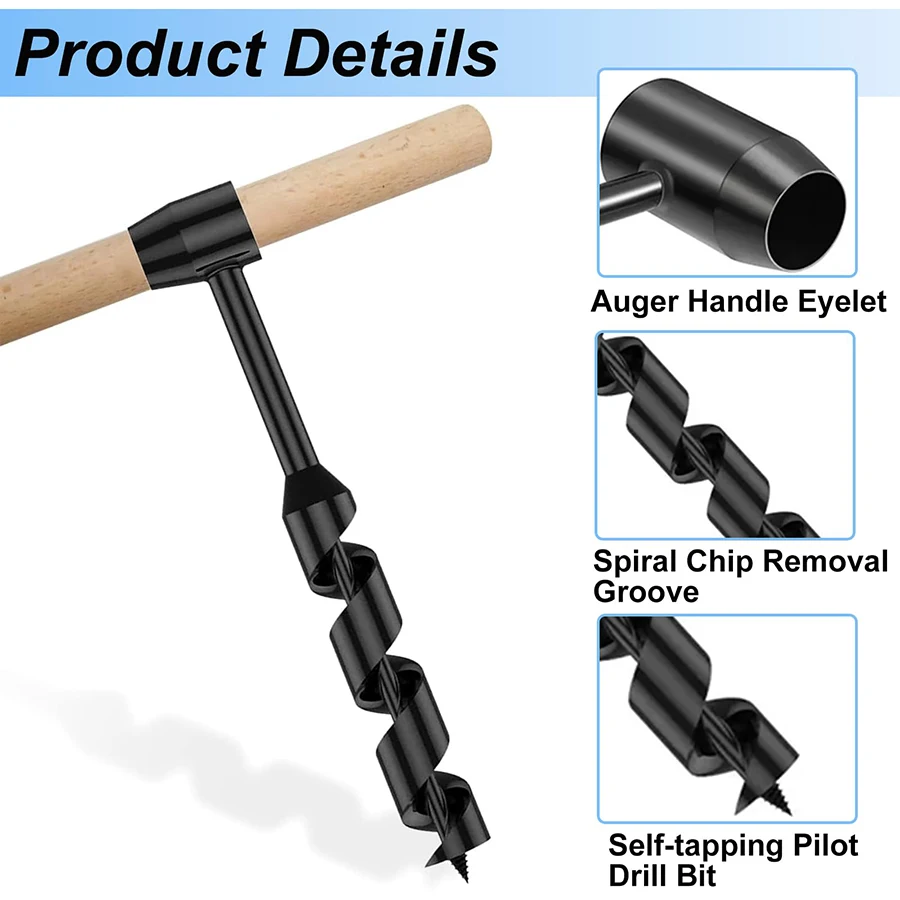 Manual spiral wood drill, used as a wilderness survival tool for camping, outdoor activities, and hiking