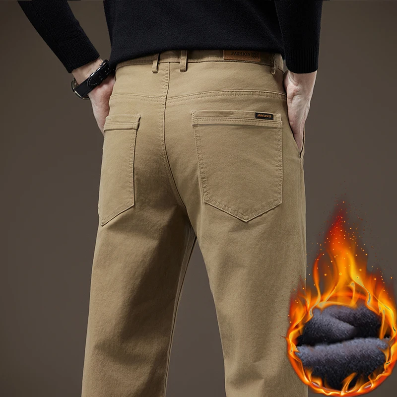 

Men Fleece Straight Leg Casual Pants Winter Warm Velv Versatile High-end Pants Solid Color Zipper Design Cotton Pants for Male