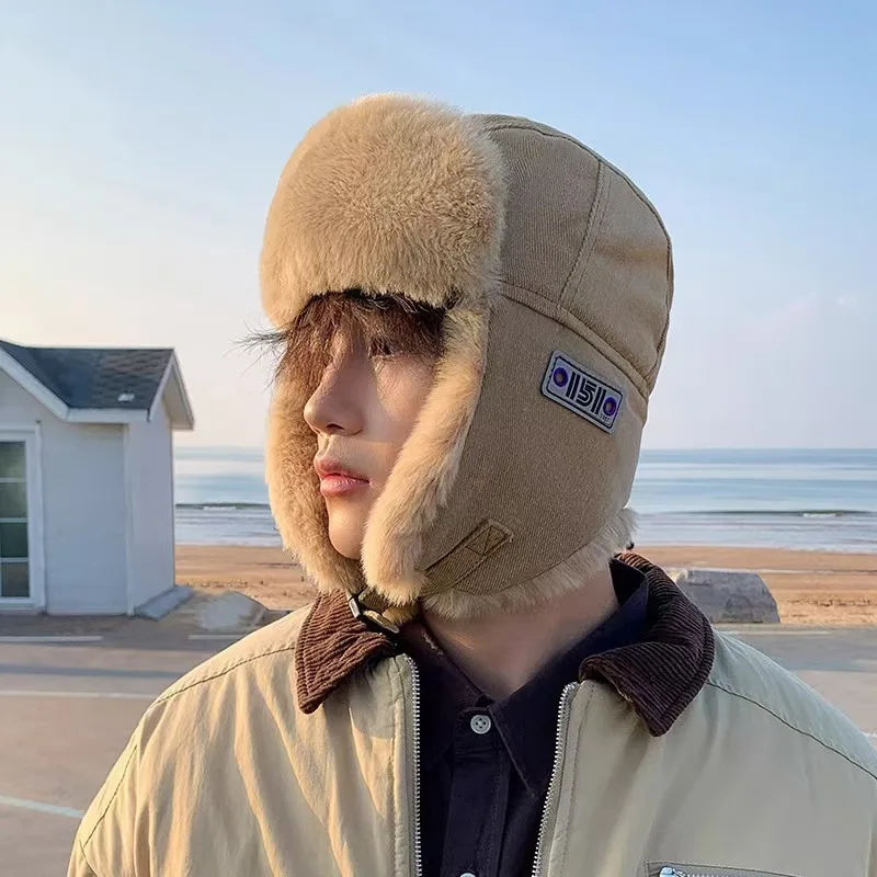 Gorro de algodón con cadena de moda para invierno, gorro grueso con solapa para las orejas a prueba de viento, gorro de felpa cálido para motorista Unisex, elegante y fresco