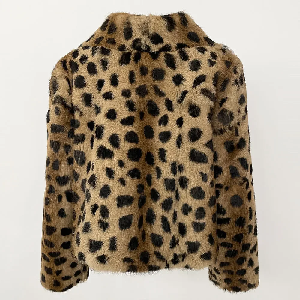 MENINA-Casaco natural de pele de coelho para mulheres, jaqueta leopardo, grossa e quente, casacos elegantes, streetwear, gola virada para baixo, inverno, 2024