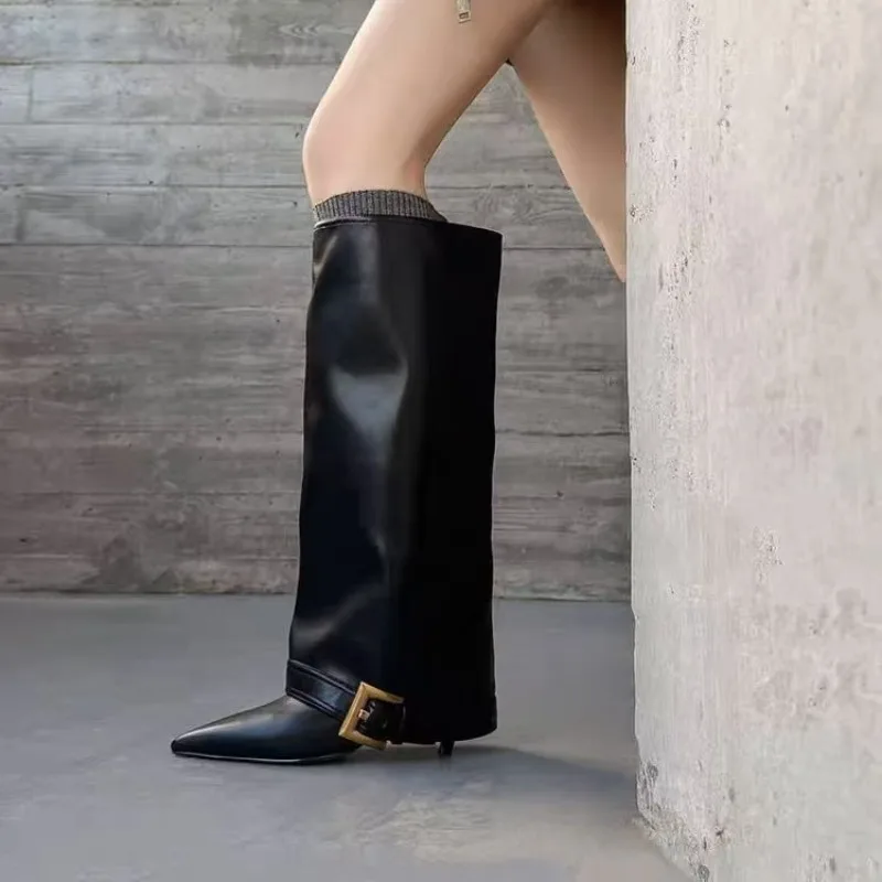 Spitze Stiefel Damen Frühling und Herbst neue große Röhrenumfang dünne gerade Hosen Röhrenstiefel