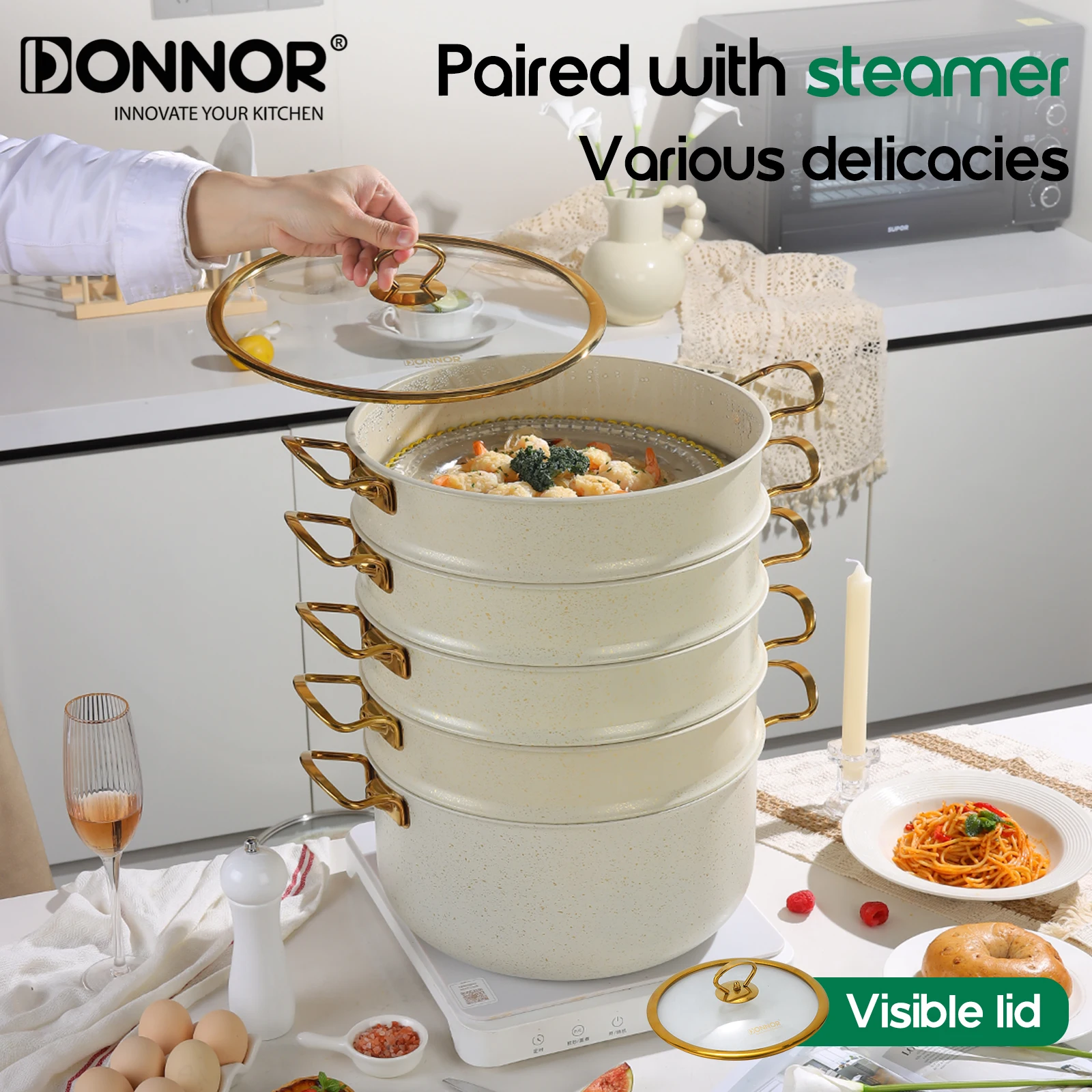 

DONNOR 6-piece Non-stick Cookware Set,4-layer Steamer Cookware Set, Suitable for Induction Cooking,space-saving, Dishwasher-safe