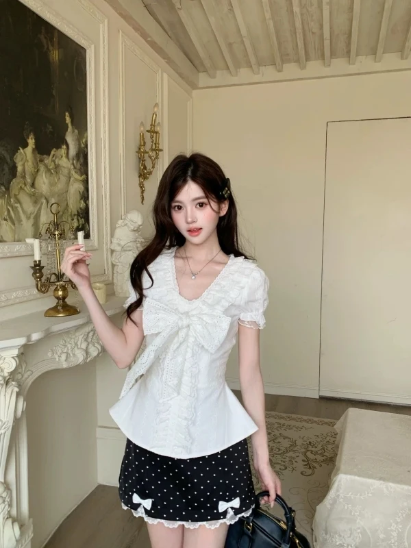 

Korean Sweet Style Bubble Sleeve Shirt And Polka Dot A-Line Skirt Set White Knot Design Fashionable Spring Summer O...