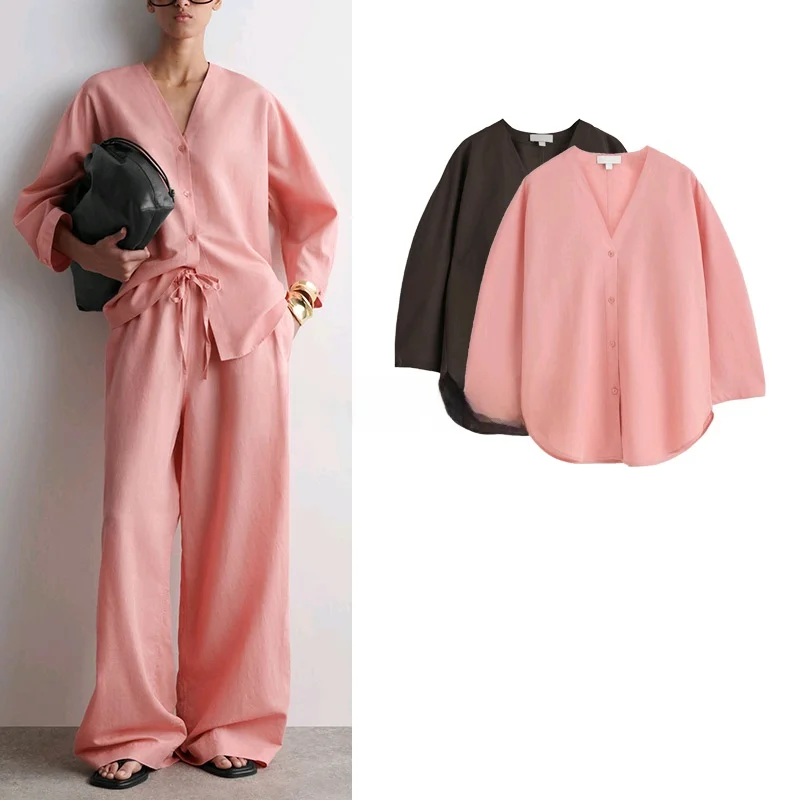 เสื้อผ้าผู้หญิงสำหรับฤดูร้อนใหม่ แขนเดี่ยว คอวี 7/8 แขนยาว ทรงลำลอง ผ้าลินินผสม โพลีเอสเตอร์ 00%