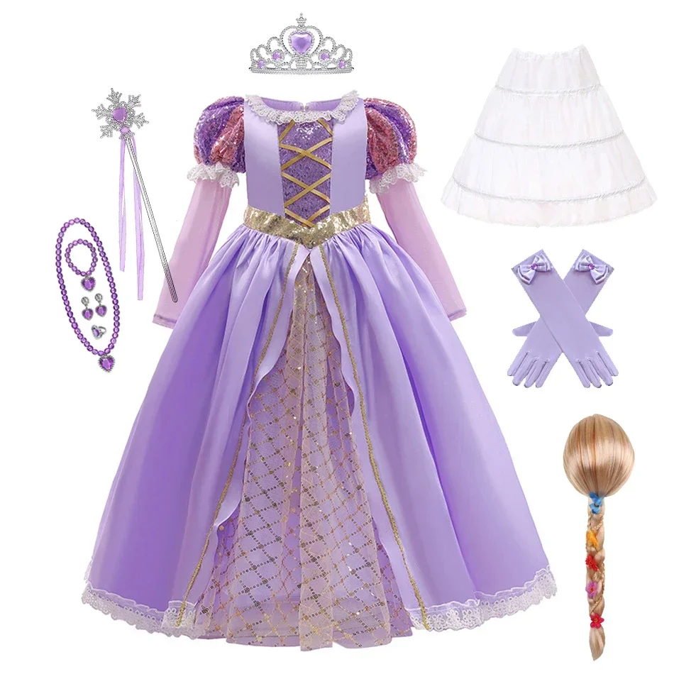Kids Rapunzel Cosplay Princess Purple Long Dress Girl Tangled Halloween Birthday Party Vestido Kids Birthday Christmas 2-10T