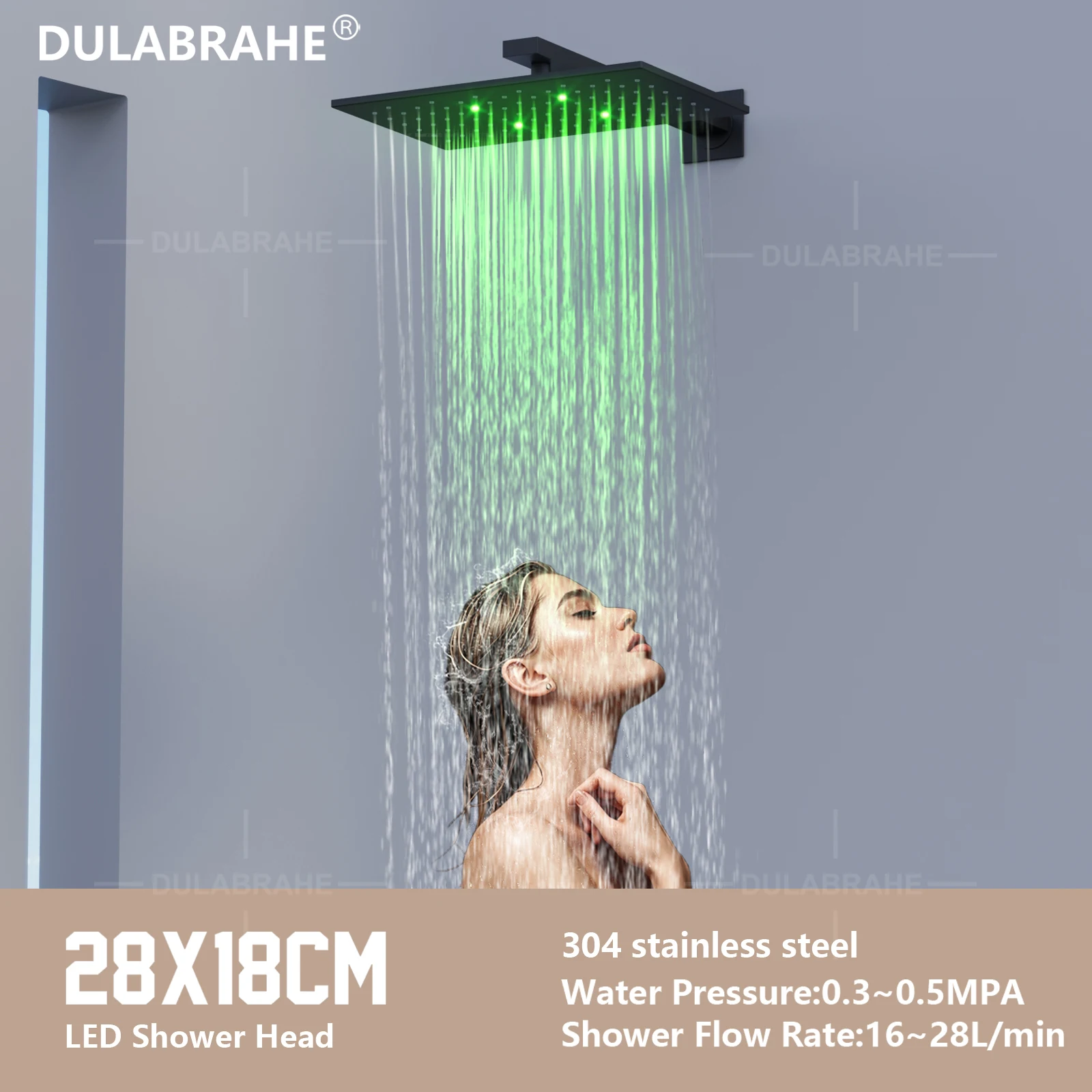 Black Wall Mounted 280*180mm LED Shower Head Bathroom Thermostatic Digital Display LED Shower Faucet Set