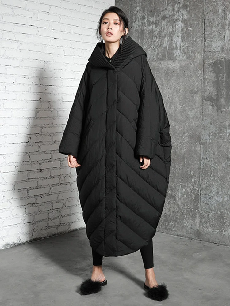EAM Caramel Big Size Bat-shaped Thick Down Jacket New Hooded Long Sleeve Warm Women Parkas Fashion Autumn Winter 2026 30A5268