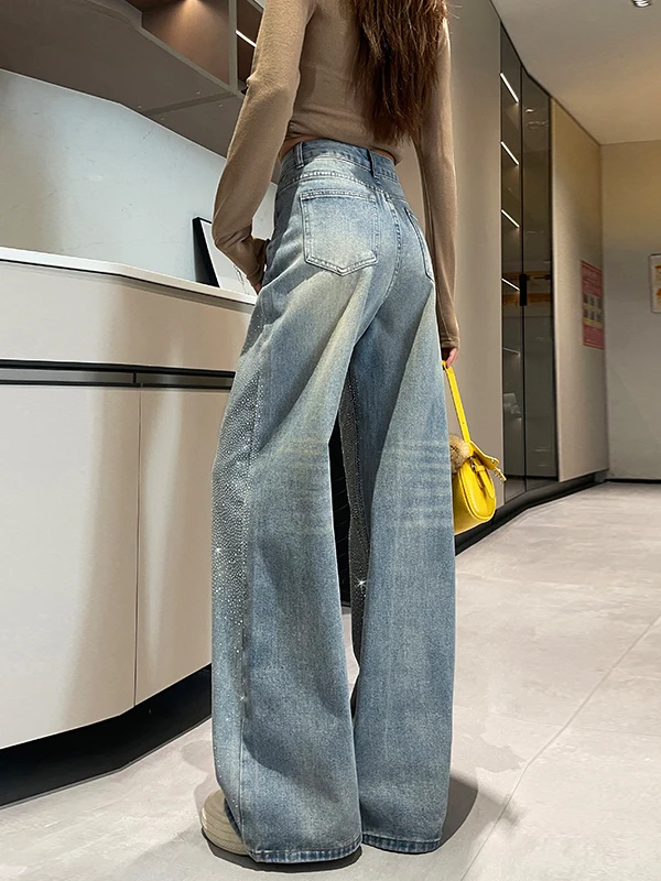 

High Waist iny Tead Embellied Floor Length Draped Casual Women's Jeans Spring 2026 New Sle Loose Fit Wide Leg Pants