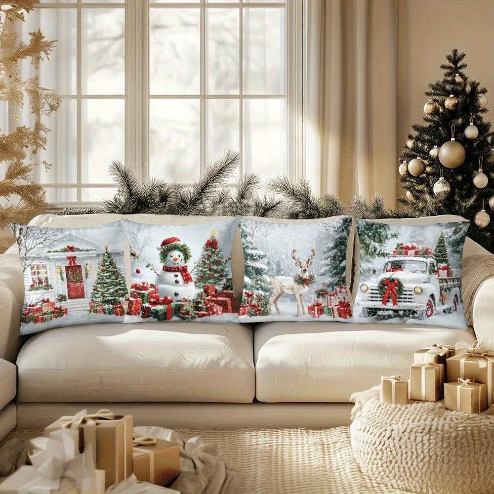 

Набор праздничных рождественских наволочек из 4 предметов — дизайн снежинки, дерева, снеговика, оленя и грузовика для украшения дивана