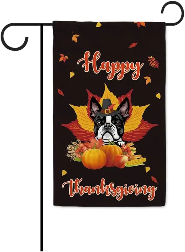 Happy Thanksgiving Day Dog Garden Flag Dog Boston Terrier Harvest Season Pumpkin Maple leaf Fall Small Flag Outdoor Yard Home De