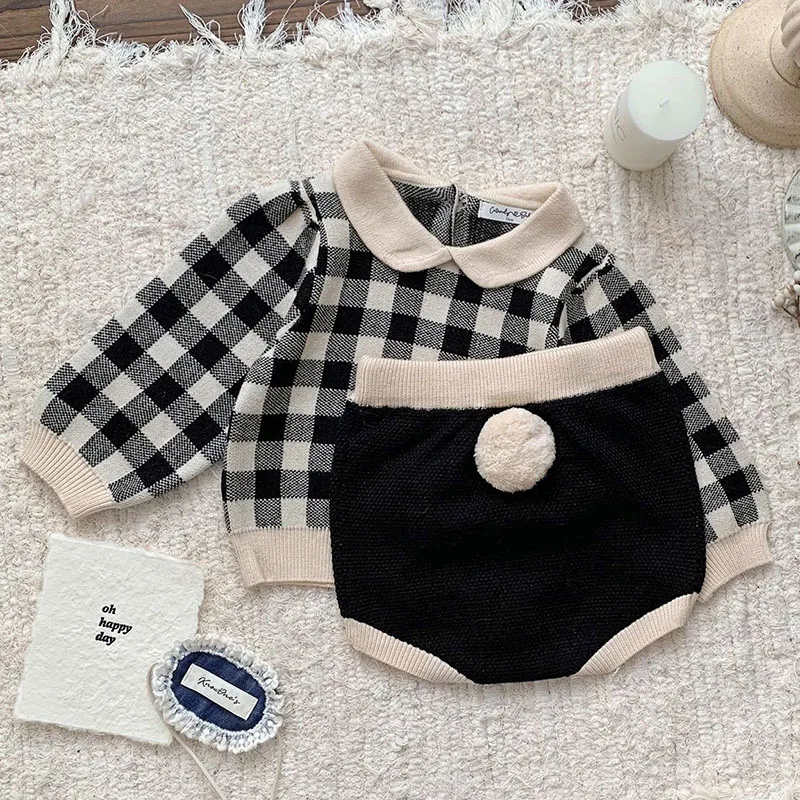 2024 New Autumn Infant Baby Girls Clothing Set Long Sleeved Lattice Knitted Pullover Sweater+PP Shorts Children Clothes Suit