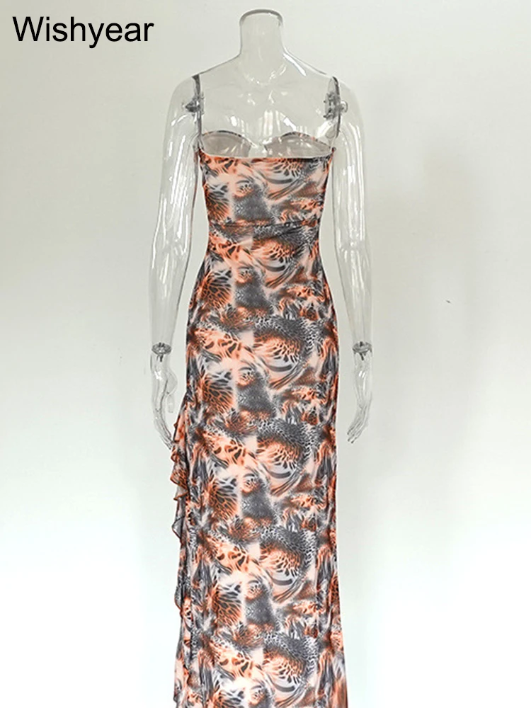 Wishyear Leopard Print Ruffle Hem Split mid Dress off Shoulder Strapless Slim Fit Cut out Backless Beach Party Women's Fashion