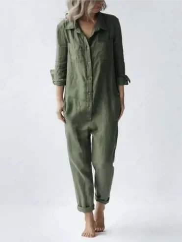 Women Jumpsuits Long Sleeve Single Breasted Button Turn Down Collar Solid Pencil Pants High Street Loose Casual Pockets
