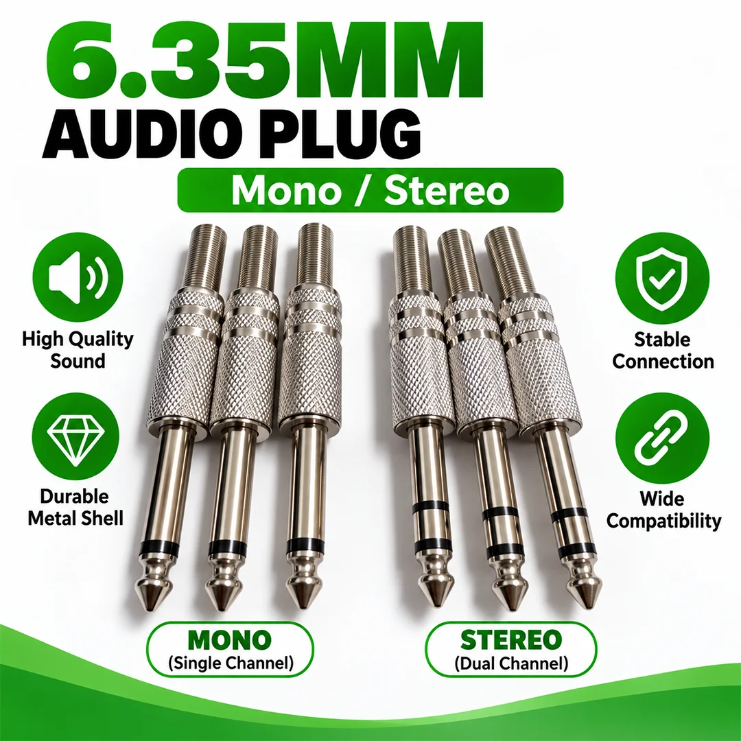 6.35mm/6.5mm 2Pole Mono Amplifier Plug 6.35 3Pole Stereo Metal Microphone Jack Plug-in Audio Connector for KTV