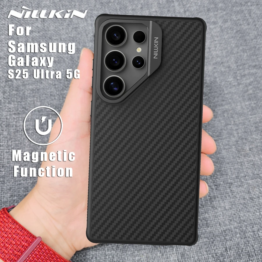 NILLKIN for Samsung Galaxy S25 Ultra 5G case Carbo Fiber Magnetic Adapt Magsafe Lens full Camera Hollow Protection Back Cover