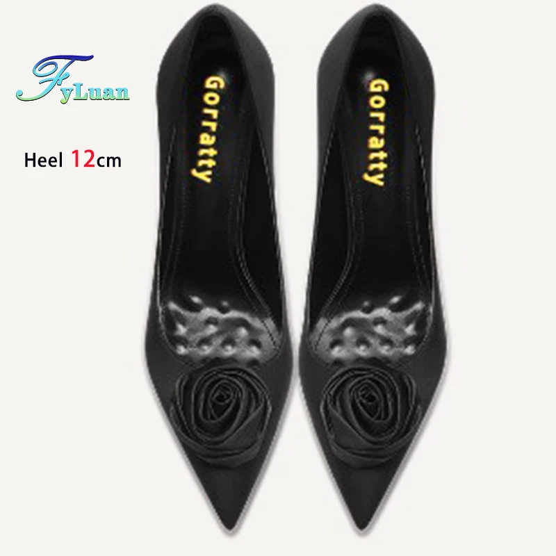 

Женские туфли-лодочки с шелковым цветком и острым носком, черные туфли на высоком каблуке 12 см, 10 см, 8 см, женская обувь на тонком каблуке, туфли на шпильке с неглубоким носком, вечерние туфли
