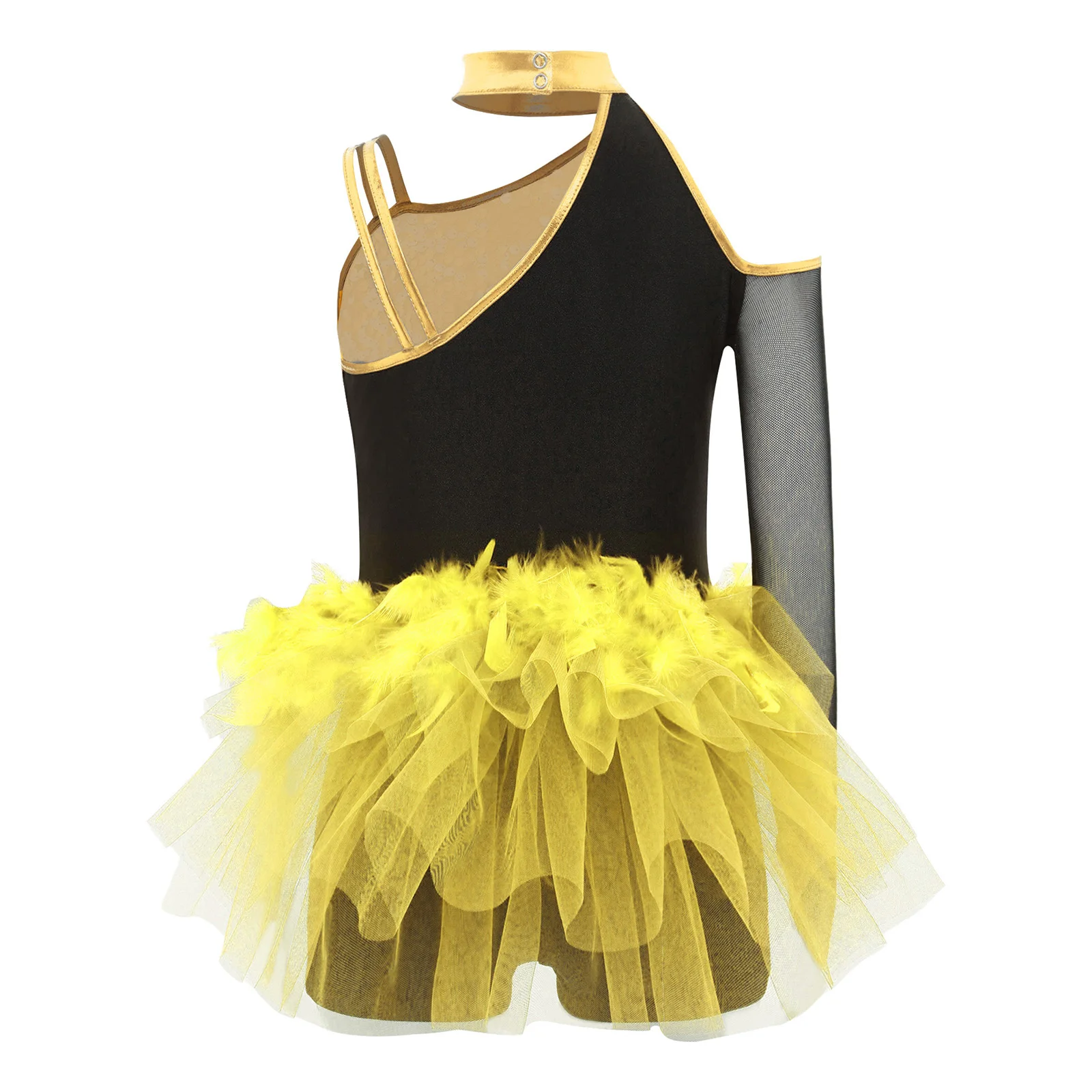 Kids Girls Latin Jazz Dance Jumpsuit  One Shoulder Sparkly Sequins Bodice Feather Tulle Tutu Skirted Leotard Stage Competition