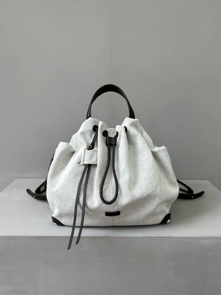 

Splicing linen cotton backpack, travel bucket bag