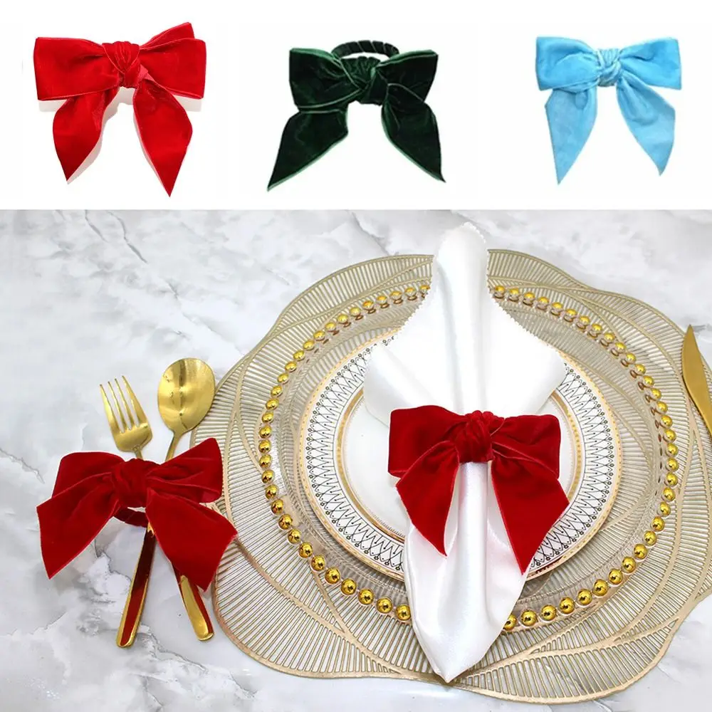 2Pcs Tissue Holders Creative Napkin Rings Chic Elegantt Red Bow Napkin Buckle Velvet Xmas Napkin Organizer Christmas Decorations