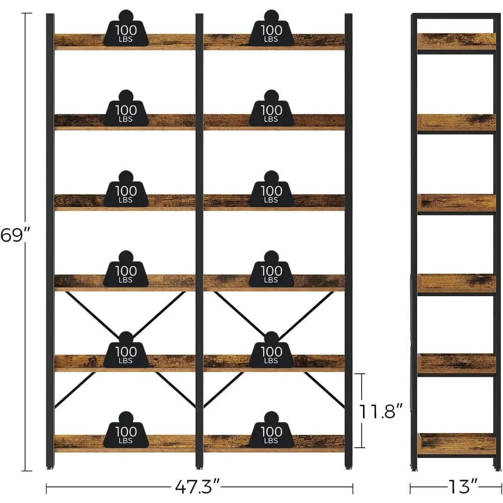 Bookshelf 6 Tier with 4 Hooks, 69” Industrial Wooden Bookcase, Vintage Storage Rack with Open Shelves,