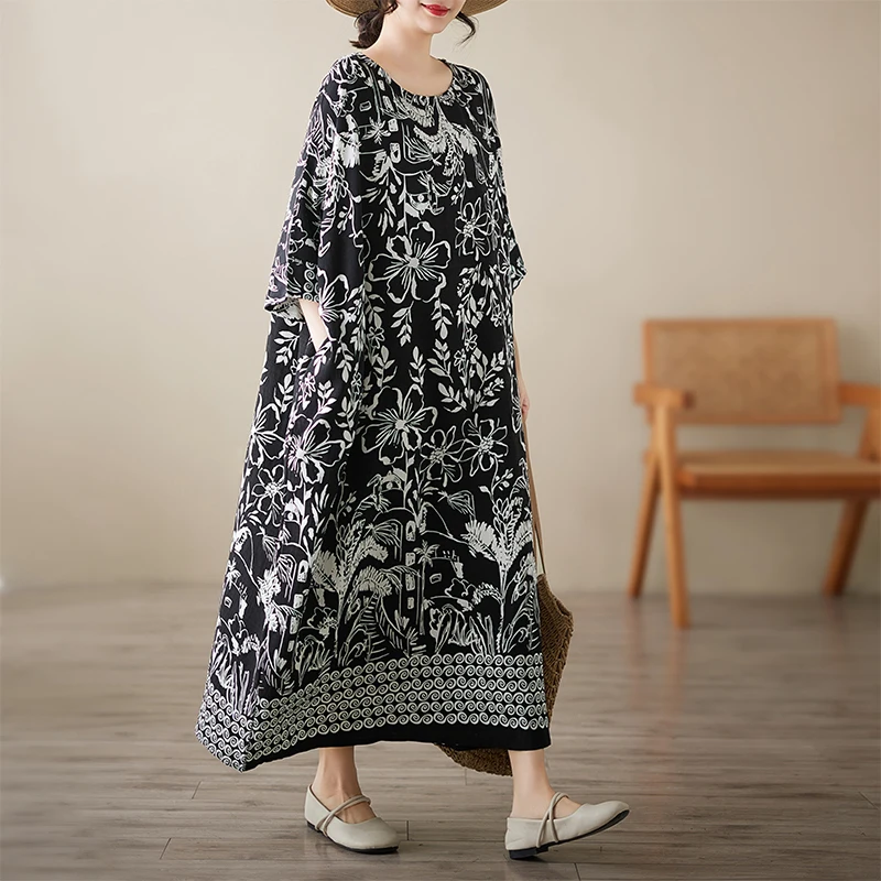 Vestido f de verão, estilo retrô, gola redonda, sem mangas, aodão e linho, saia longa, com botões, soltinho, para o ...