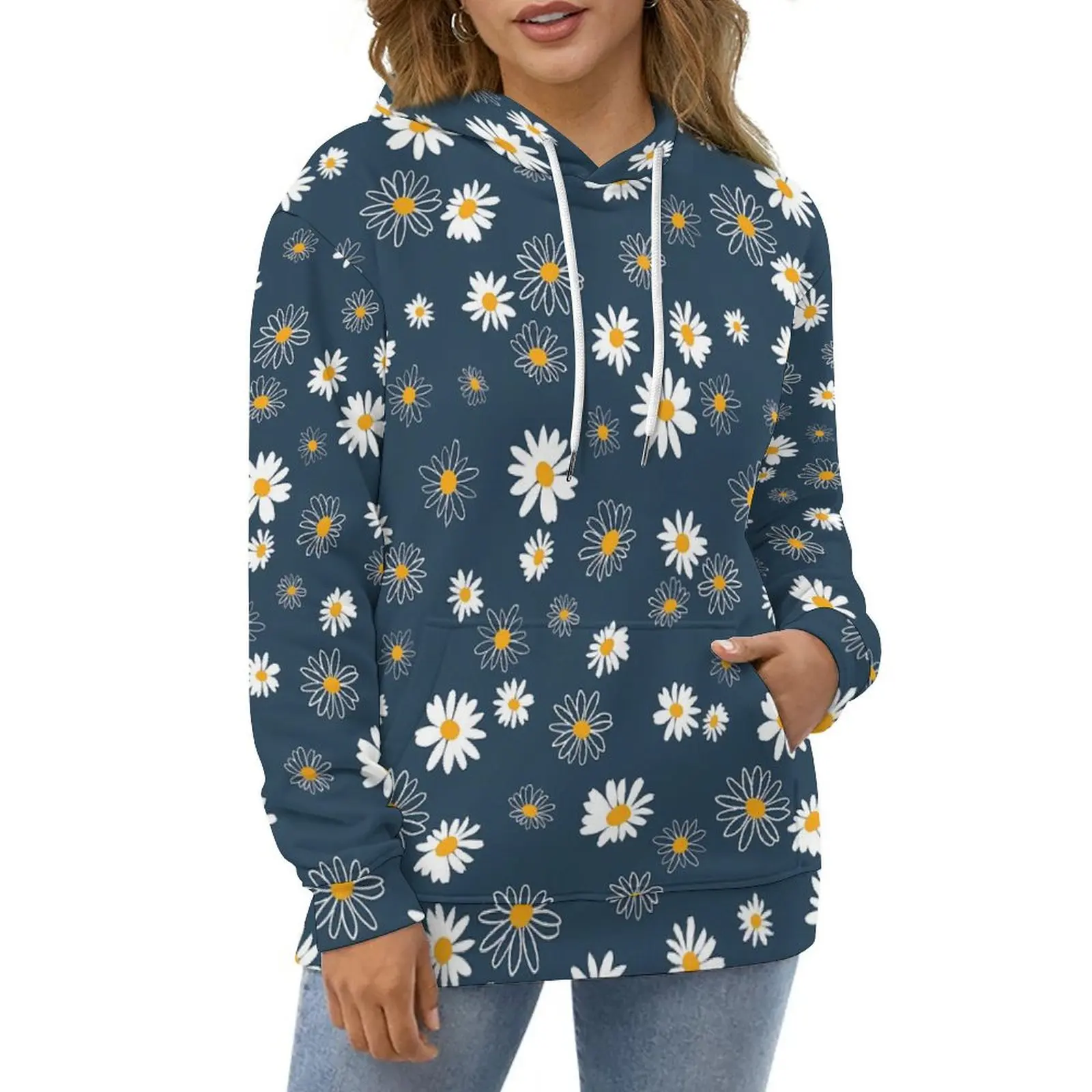 

White Daisy Print Casual Hoodies Showy Flowers Y2k Graphic Loose Hoodie Winter Long Sleeve Harajuku Oversize Sweatshirts