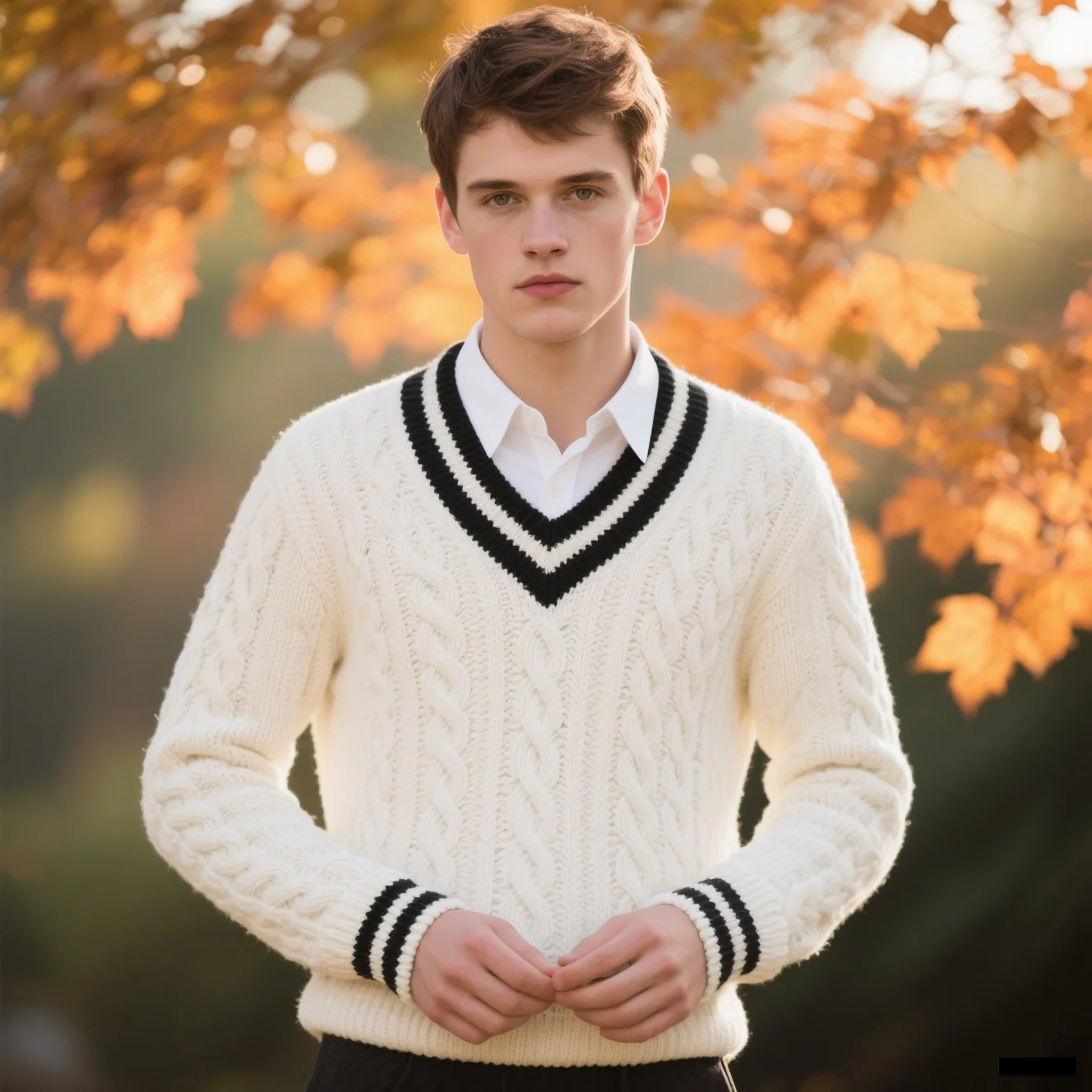 

Stylish men's white V-neck sweater with colorful black trim at the neckline - ideal for layering during the cold season!