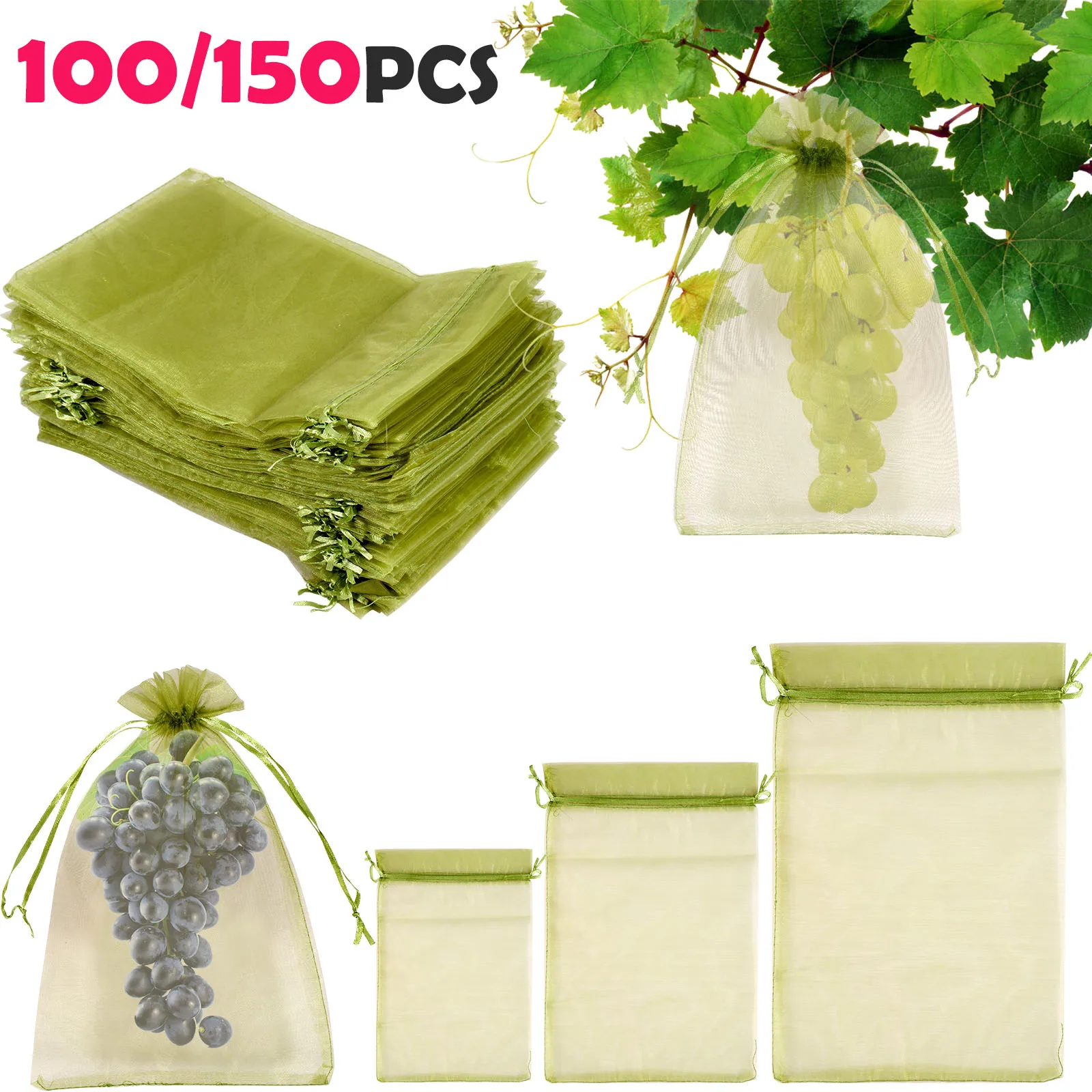 100/150Pcs Fruit Protection Bags Strawberry Grapes Grow Bags with Drawstring Garden Mesh Bags For Pest Control Anti-Bird Tools