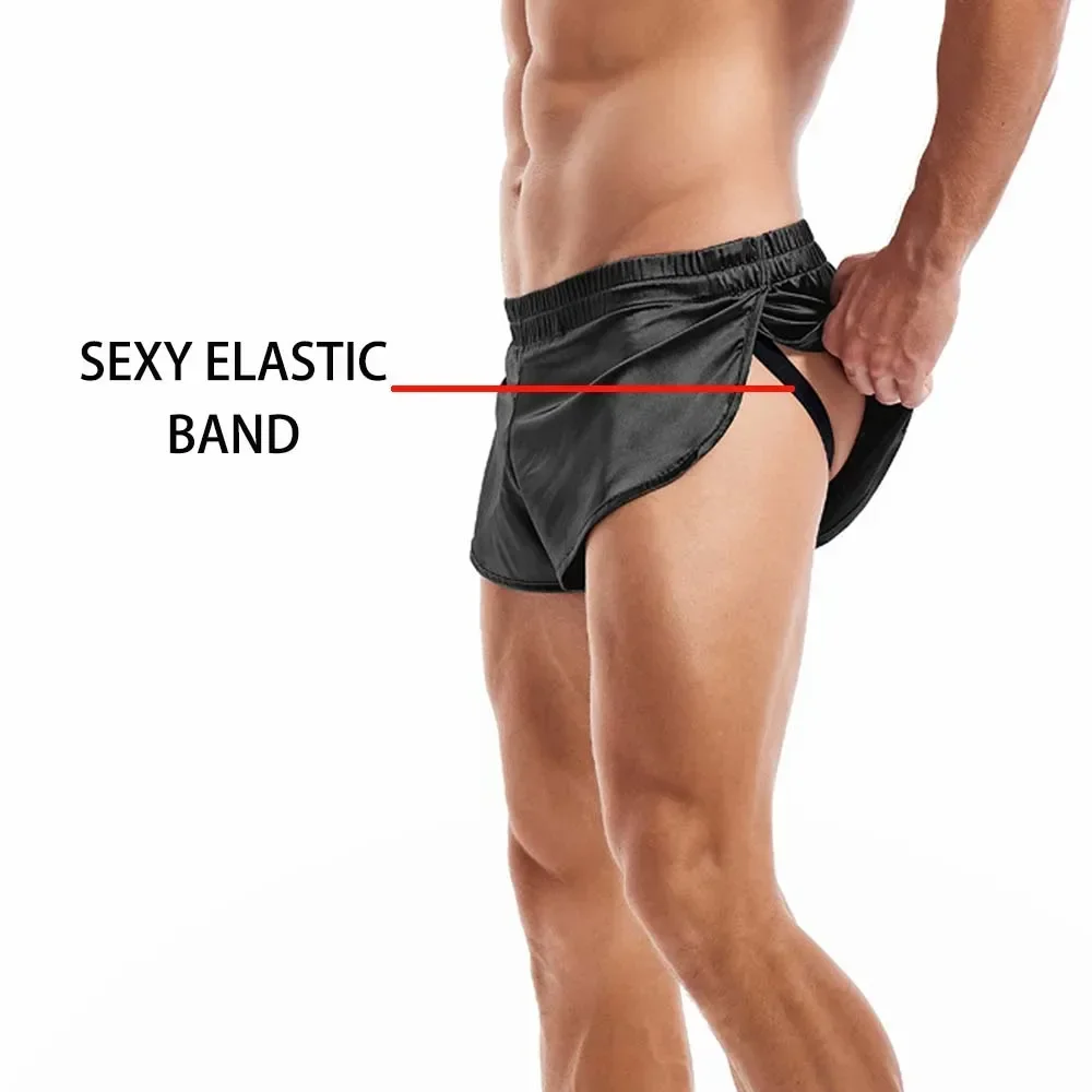 Pantalones de Aro sexys para hombre, bóxer de deporte al aire libre Gay, pantalones cortos de seda para dormir, pantalones cortos sueltos de entrepierna, pantalones cortos de cintura elástica para el hogar