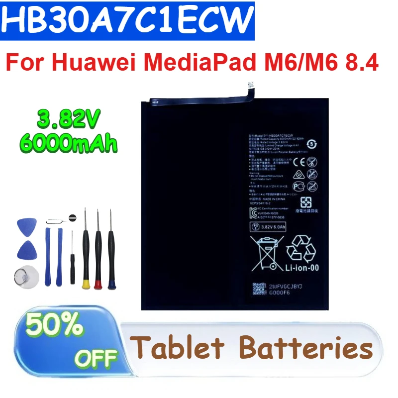 

HB30A7C1ECW 3.82V 6000mAh Li-ion Polymer Battery for Huawei MediaPad M6/M6 8.4 Rechargeable Tablet Batteries with Tools