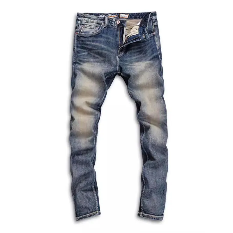 Fashion Vintage Men Jeans High Quality Retro Washed Blue Stretch Slim Fit Designer Jeans Men Red Line Selvedge Denim Pants Homme