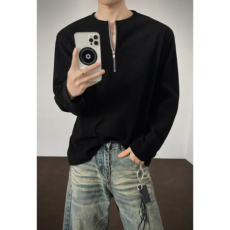 Men Breathable Vertical Rib Corduroy Sweatshirt Half Zip Crew Neck Oversized Silhouette For Multi Occasion Autumn Dressing