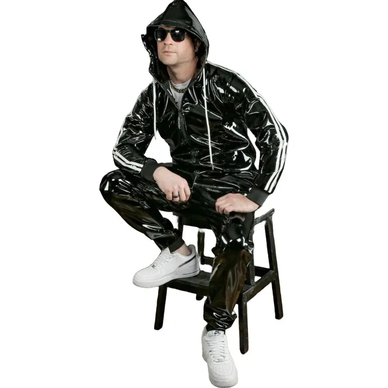 2026 Men's and Women's PU Leather Hoodie Suit Leisure Sportswear Hoodie Jogging Suit Sportswear Suit Bright Leather Sportswear view 3