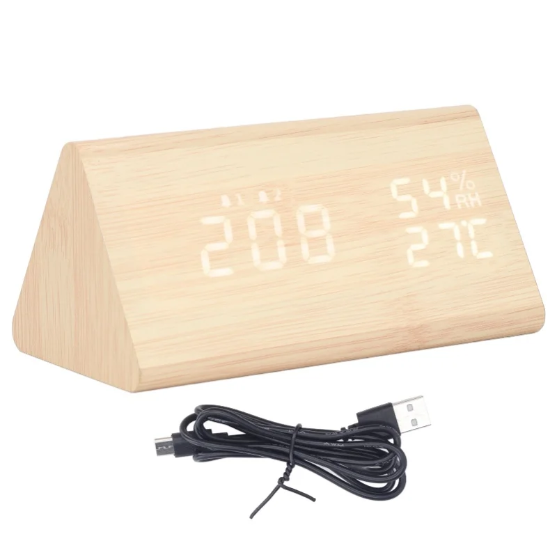 LED Digital Alarm Clock Multipurpose Wooden Clock With Voice Control Humidity Temperature Week Time Display Bamboo Wood