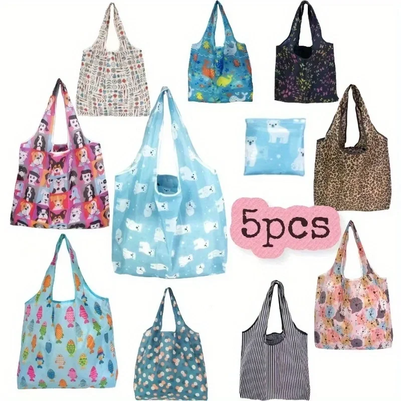 Bolsa de compras reutilizable de nailon, bolsa de comestibles plegable, creativa, ecológica, ligera y duradera (color aleatorio), 5 uds.
