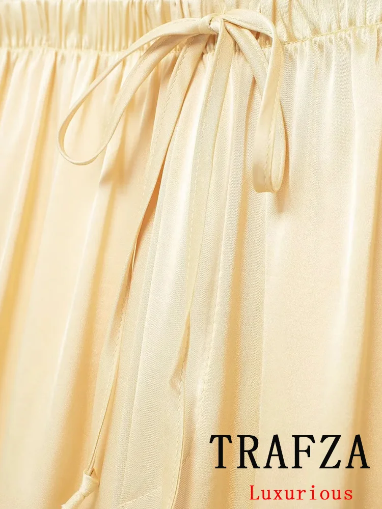 TRAFZA Vintage Casual Chic Women Suit Beading Single Breasted Long Sleeve Blouse Loose Long Pants Fashion 2024 Summer Sets