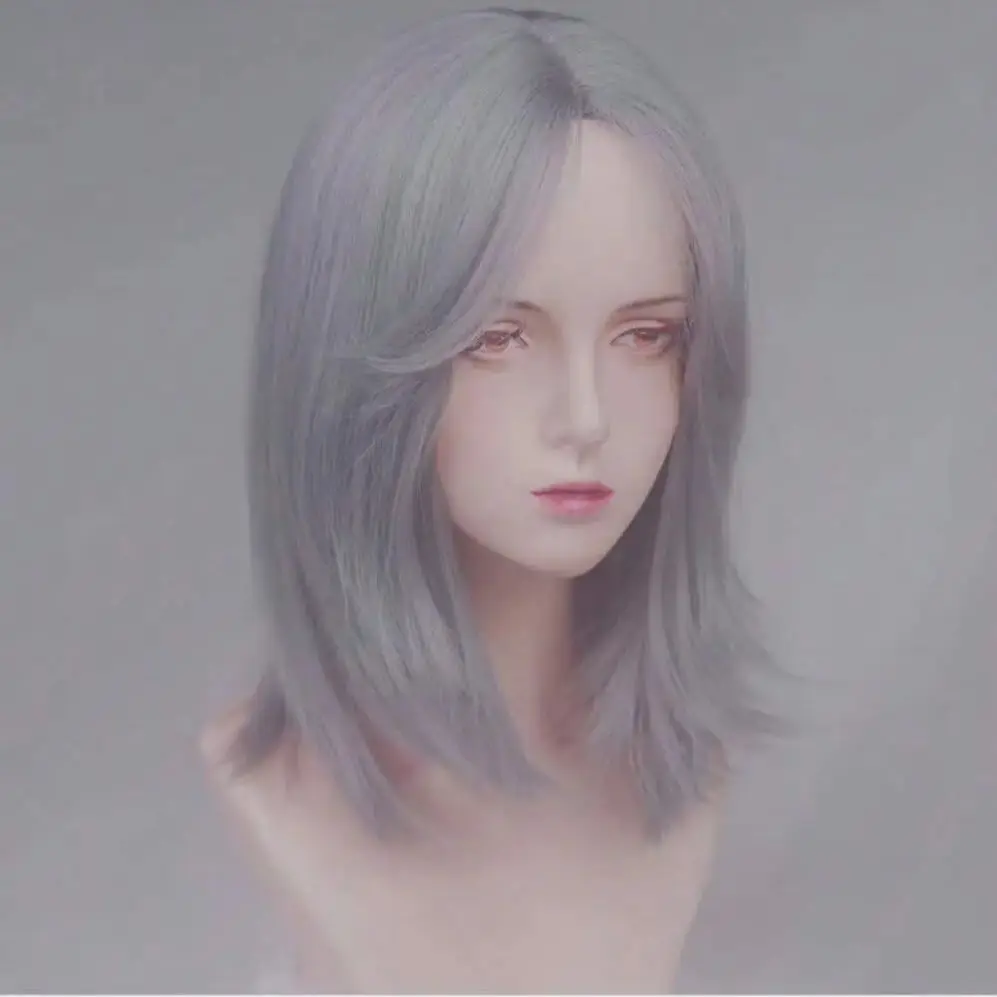 Mullet Head Wig Synthetic Grey Blue Short Straight Anime Cosplay Wig Middle Part Fluffy Women and Men Wig for Lolita Daily Party