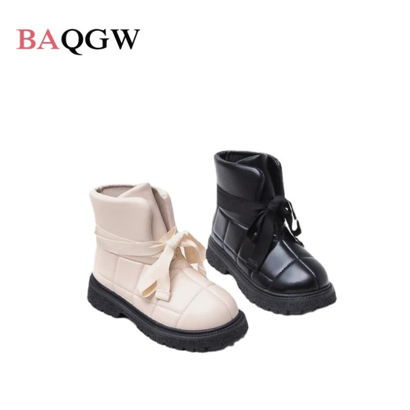 Winter Kids Snow Boots Baby Girls Waterproof Ankle Shoes Children Slip on Leather Boots Boys Warm Fashion Bow Tie Soft Shoes