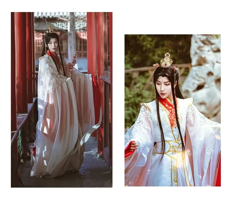 Bênção oficial do céu Xie Lian Cosplay traje para homens e mulheres, Tian Guan Ci Fu, Príncipe Herdeiro Cos Top e perucas, roupas brancas Han Fu