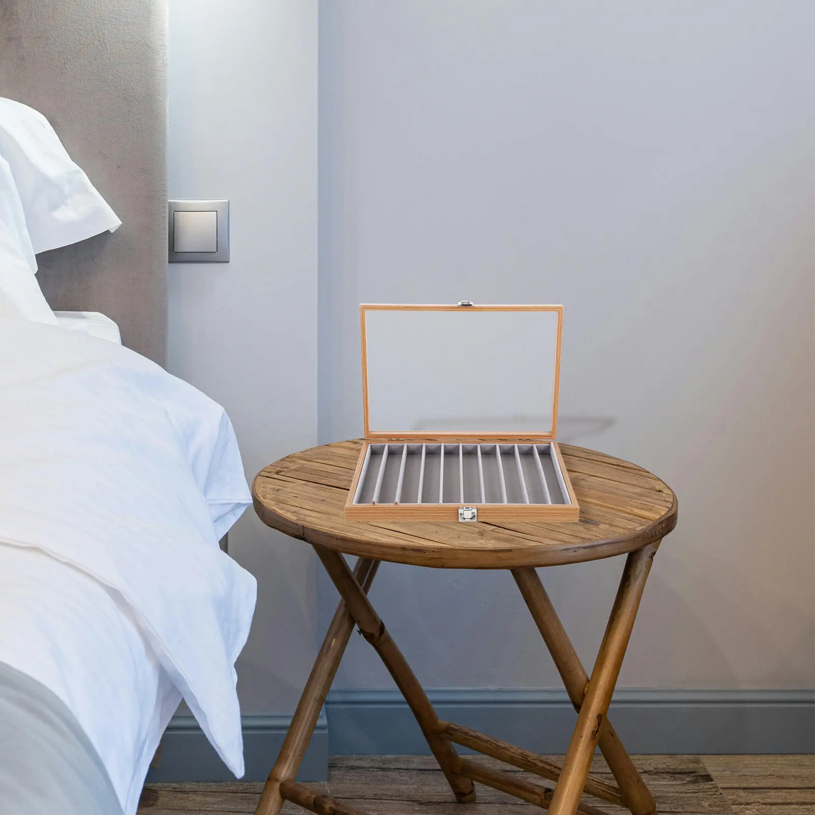 

Органайзер для украшений: деревянный футляр-лоток с прозрачной стеклянной крышкой, пылезащитный, на 10 ячеек, для хранения кулонов и браслетов