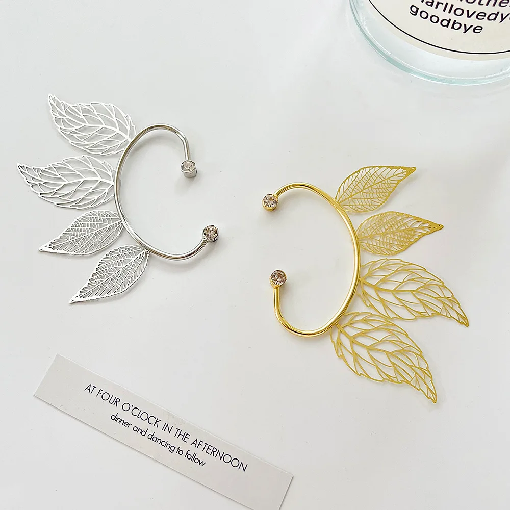 

New Fairy Hollowed Leaf Crystal Earrings Without Hole Ear Cuffs Fake Earrings For Women Whole Ear Clip Party Wedding Jewelry Z40