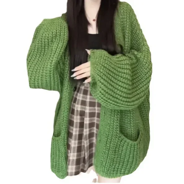 Green Y2k Kintted Sweater Women Cardigan V-Neck Crochet Loose Top E-girl Pullovers Spring Autumn Winter Jumper Sueter Jumpers