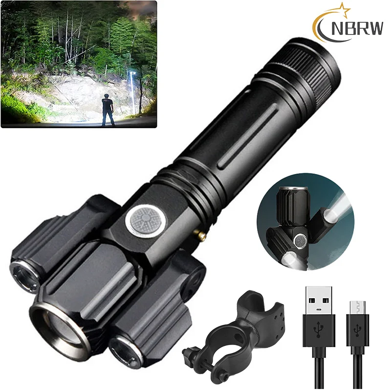 Handheld USB recarregável lanterna LED, tocha de acampamento impermeável, Zoom ajustável lanternas táticas para bicicleta, 5000 Lumen