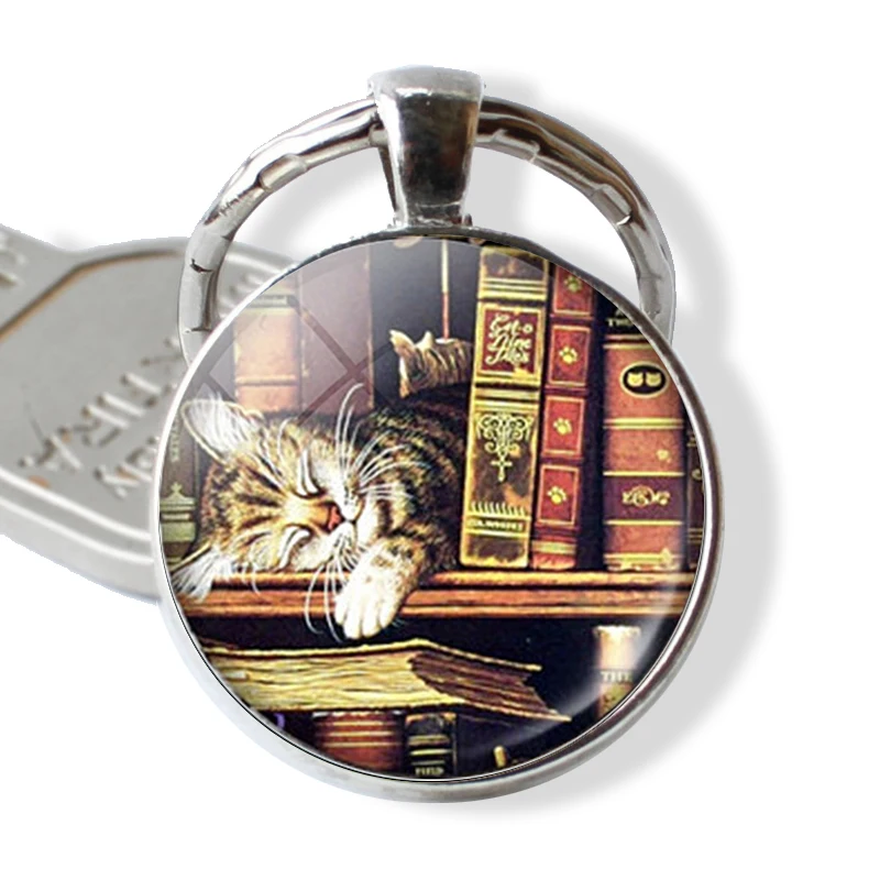 BLACK CAT Quote Keychain Lovers Keyring Cat with Broom Witch Glass Vintage Kitten Jewerly Black Cat Cabochon Key Chain Ring