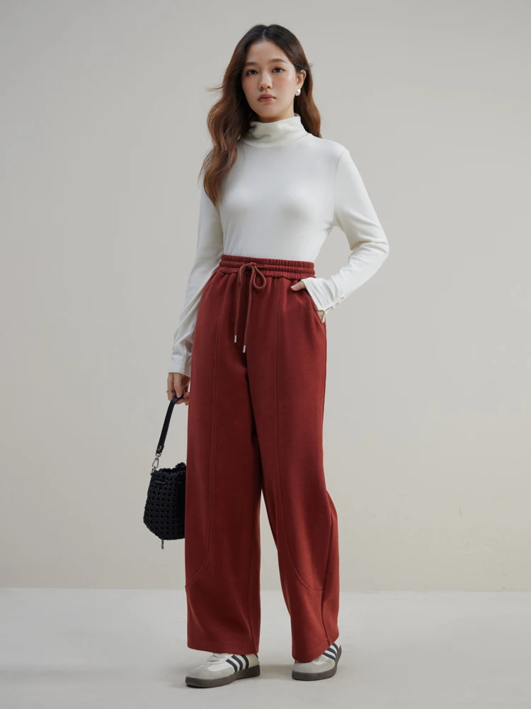

DUSHU Women Winter Thicken Casual Pants Brick Red Liningfleece Long Trousers 4.3% Wool Drawstring Waist Wide Leg Pant 23DS84603