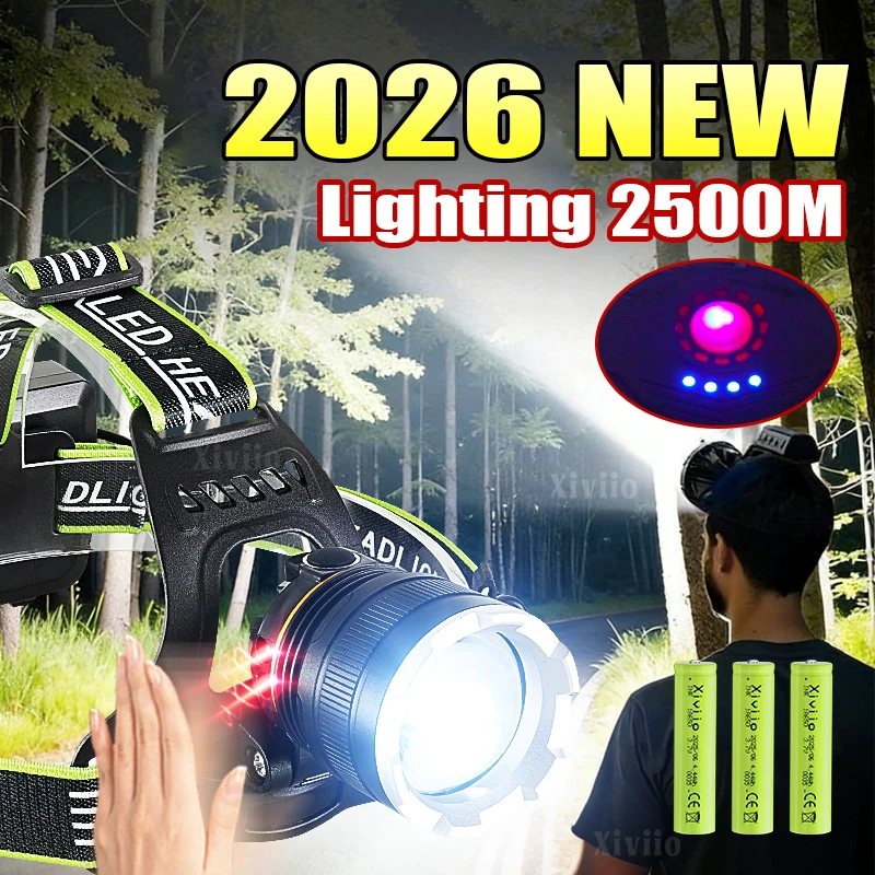 

High Power Headlight White/Yellow Light Long Range 2500M Rechargeable Led Headlamp with Sensor Fishing Head Lantern