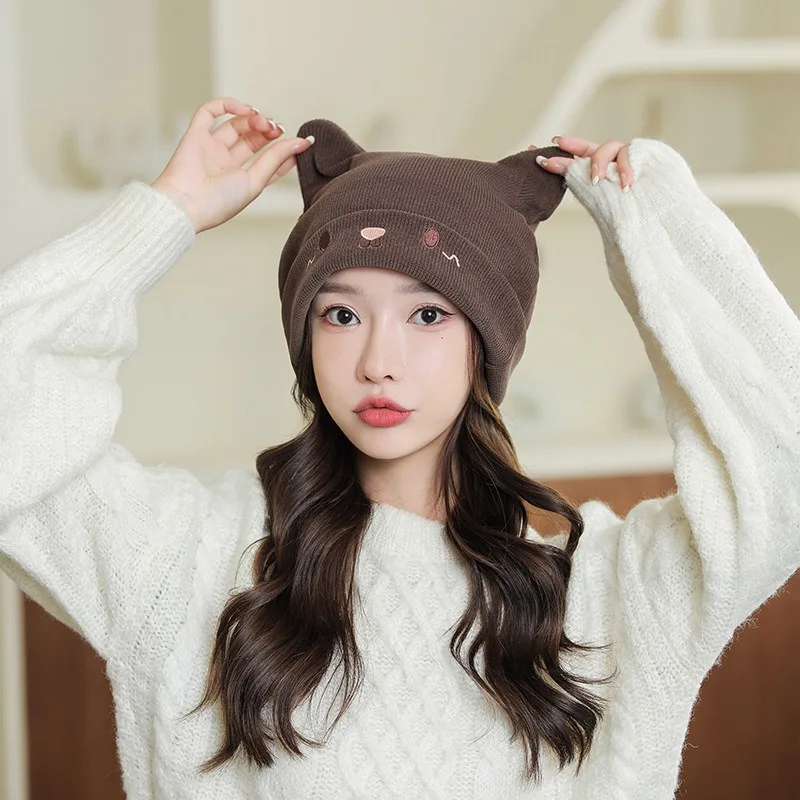 Autumn and Winter South Korea Knitted Woolen Cap Confinement Cap Female Postpartum Cute Hat Warm Pullover Cap Female Cartoon Cat