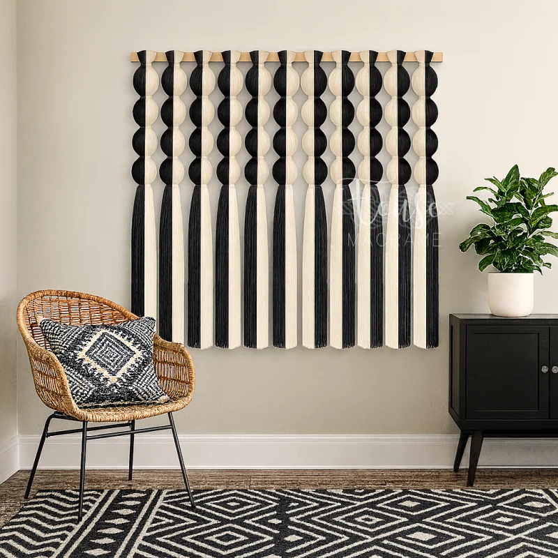 Chic Black White Macrame Tassel Curtain Doorway Hanging Room Divider Bohemian Window Decor for Home Wedding Backdrop
